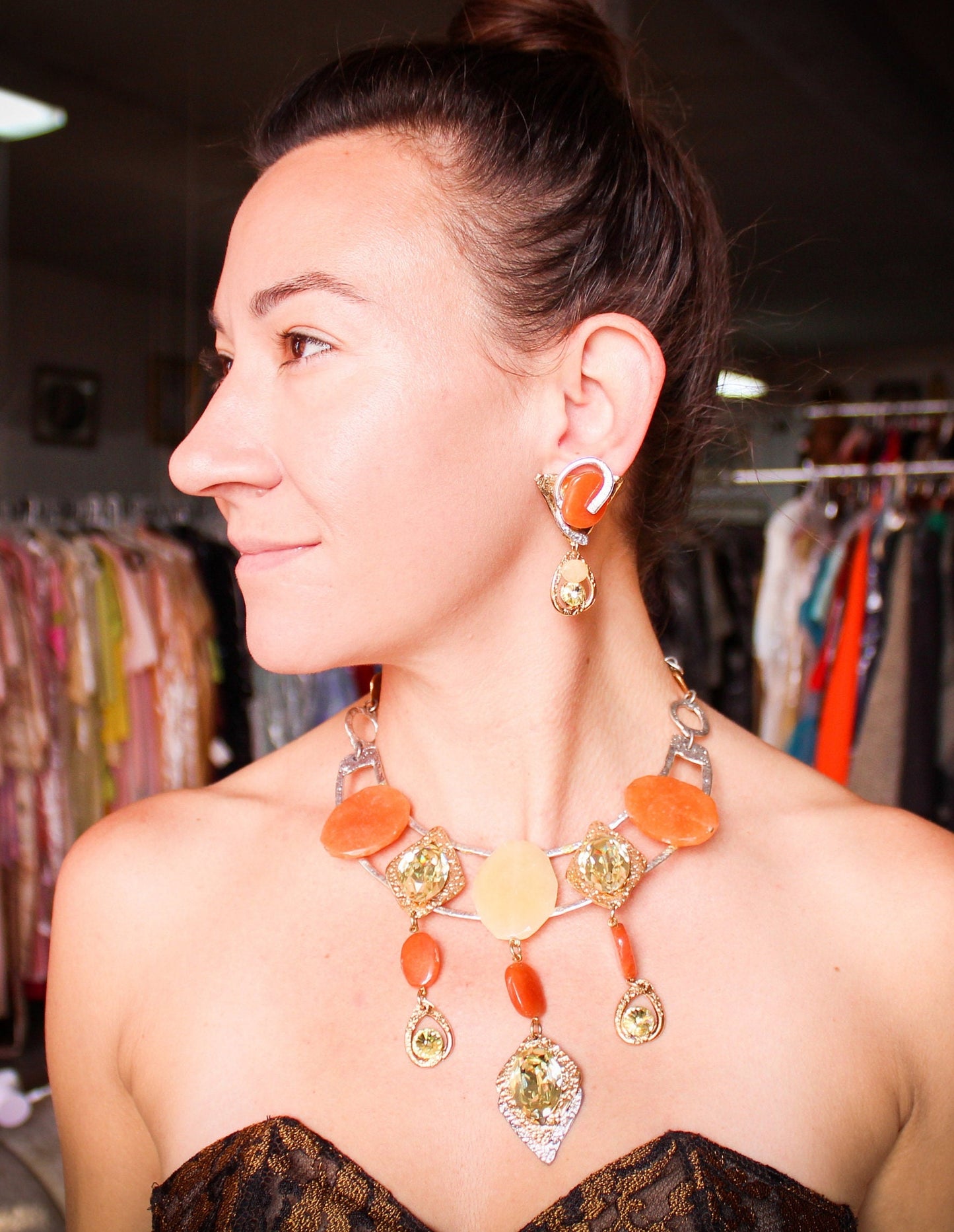 1990s Gold Necklace & Earrings | Avant Garde Necklace Set | J.Jansen