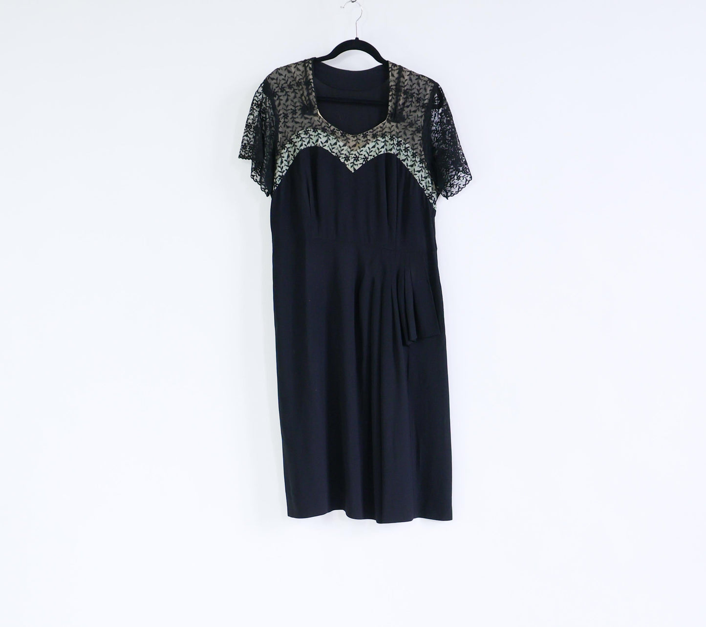 1940s Black Lace Crepe Dress, 34" Waist