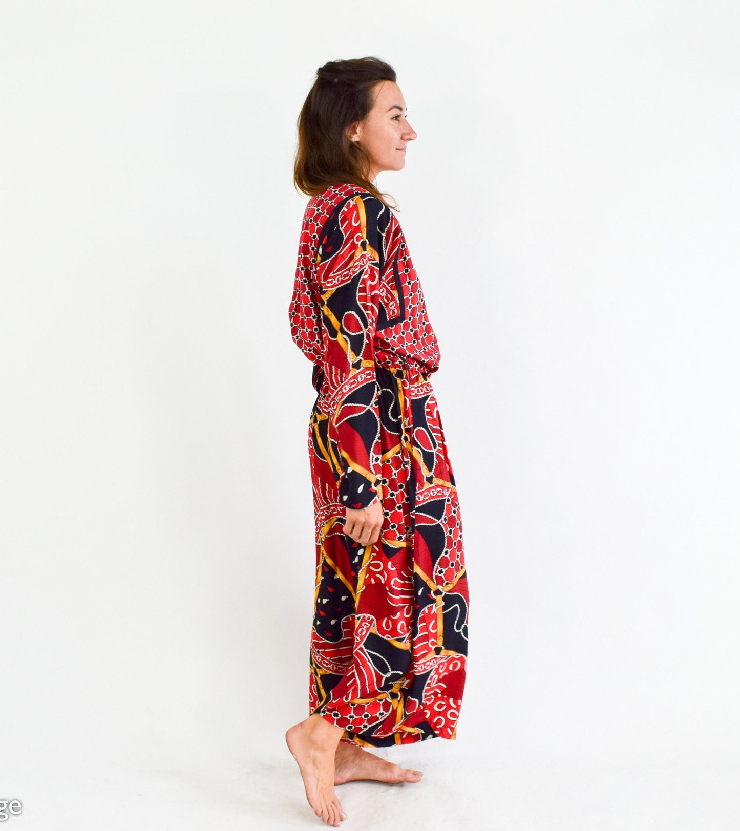 1980s Red Print Wide Leg Jumpsuit, Large