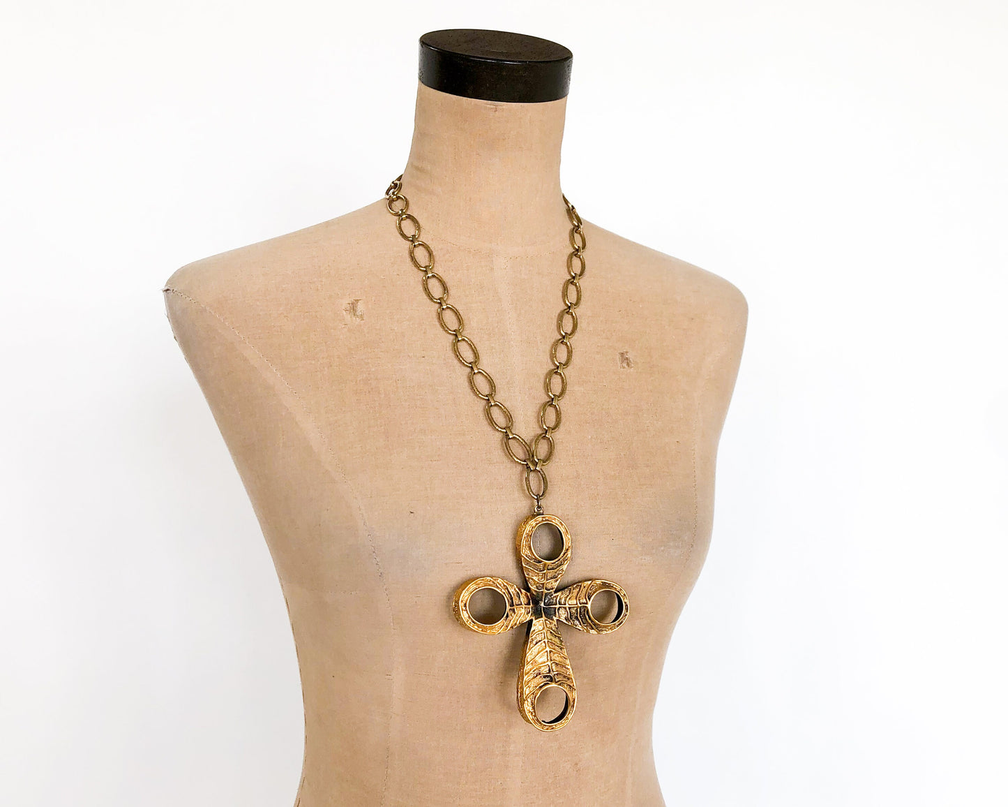 1970s Tortoloni Gold Cross Pendant Necklace | Brushed Metal Boho