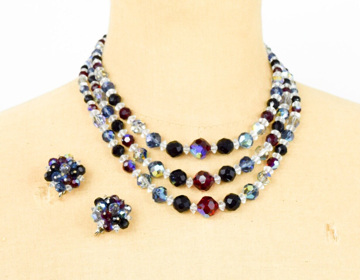 1950s Red & Black Crystal Necklace Earring Set | Crystal Glass Choker Earrings