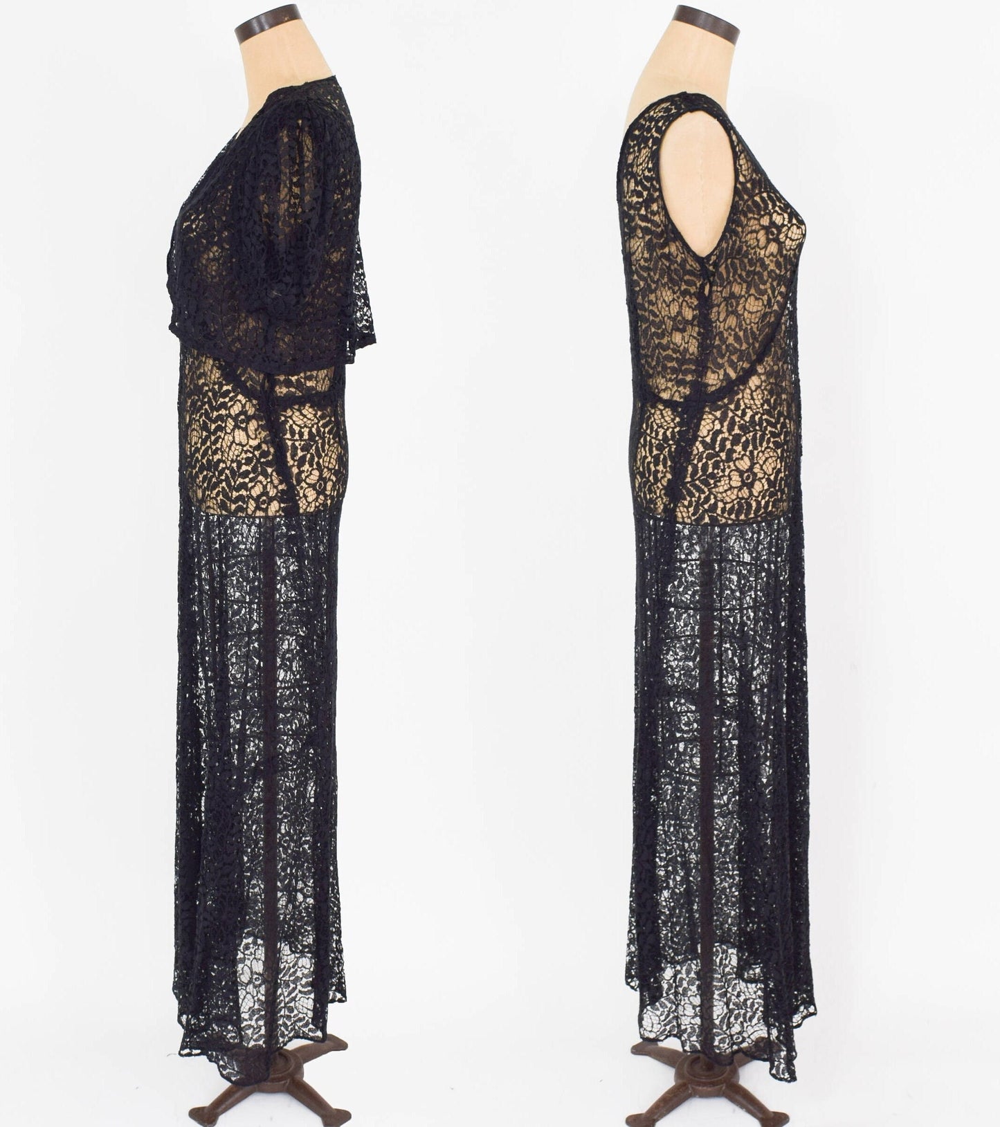 1930s Black Lace Evening Dress & Bolero Jacket Set, Large