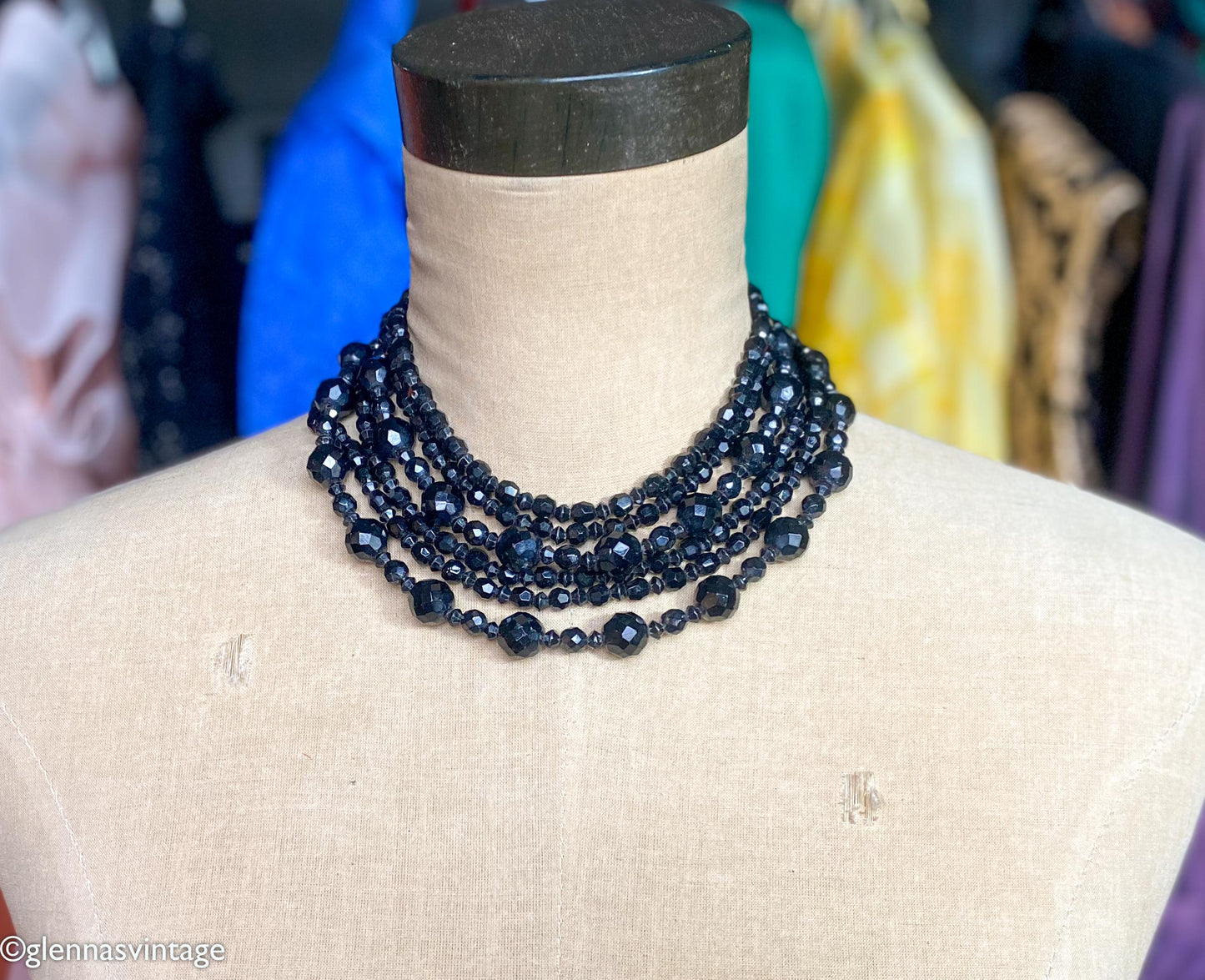 1950s Carnegie Black Crystal Beaded Necklace | 6-Strand Evening Jewelry