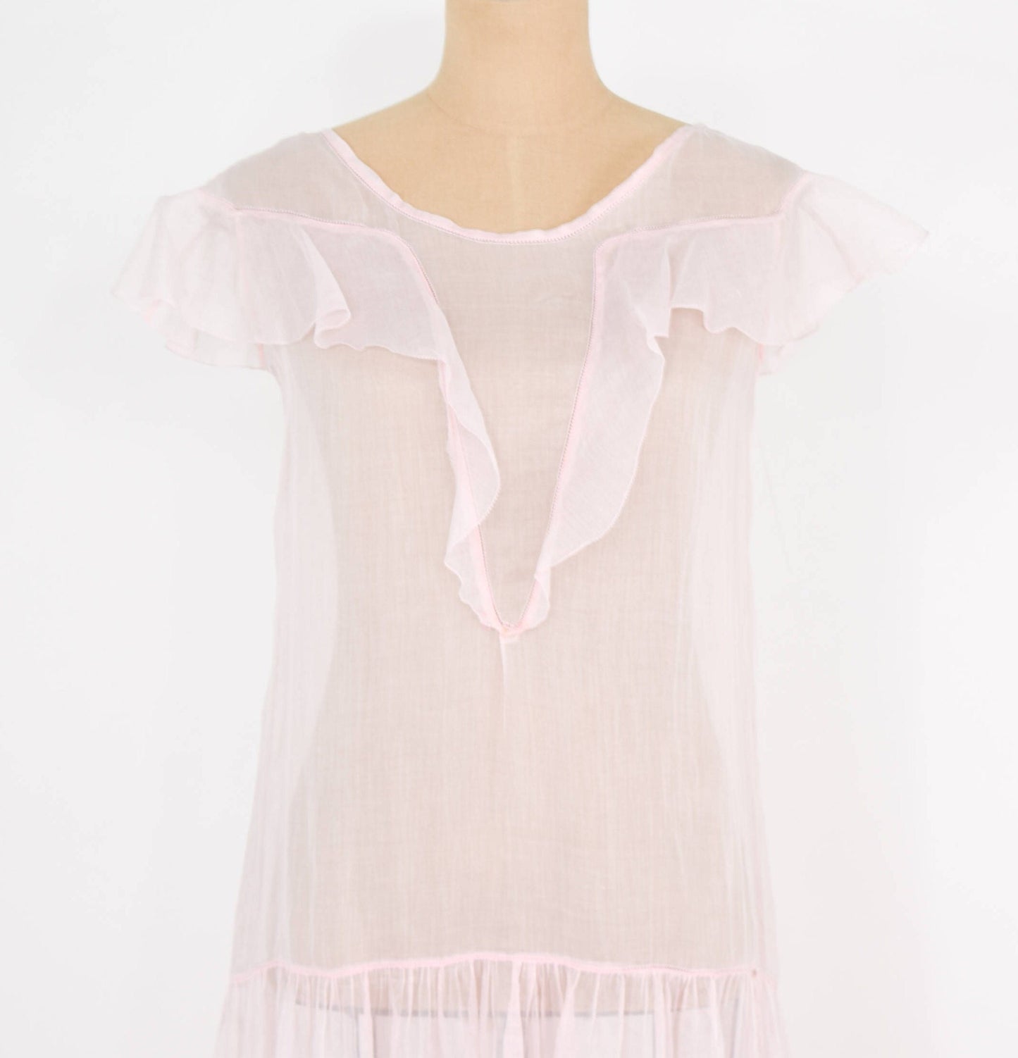 1930s Pale Pink Organza Evening Dress with Ruffle Trim, Medium