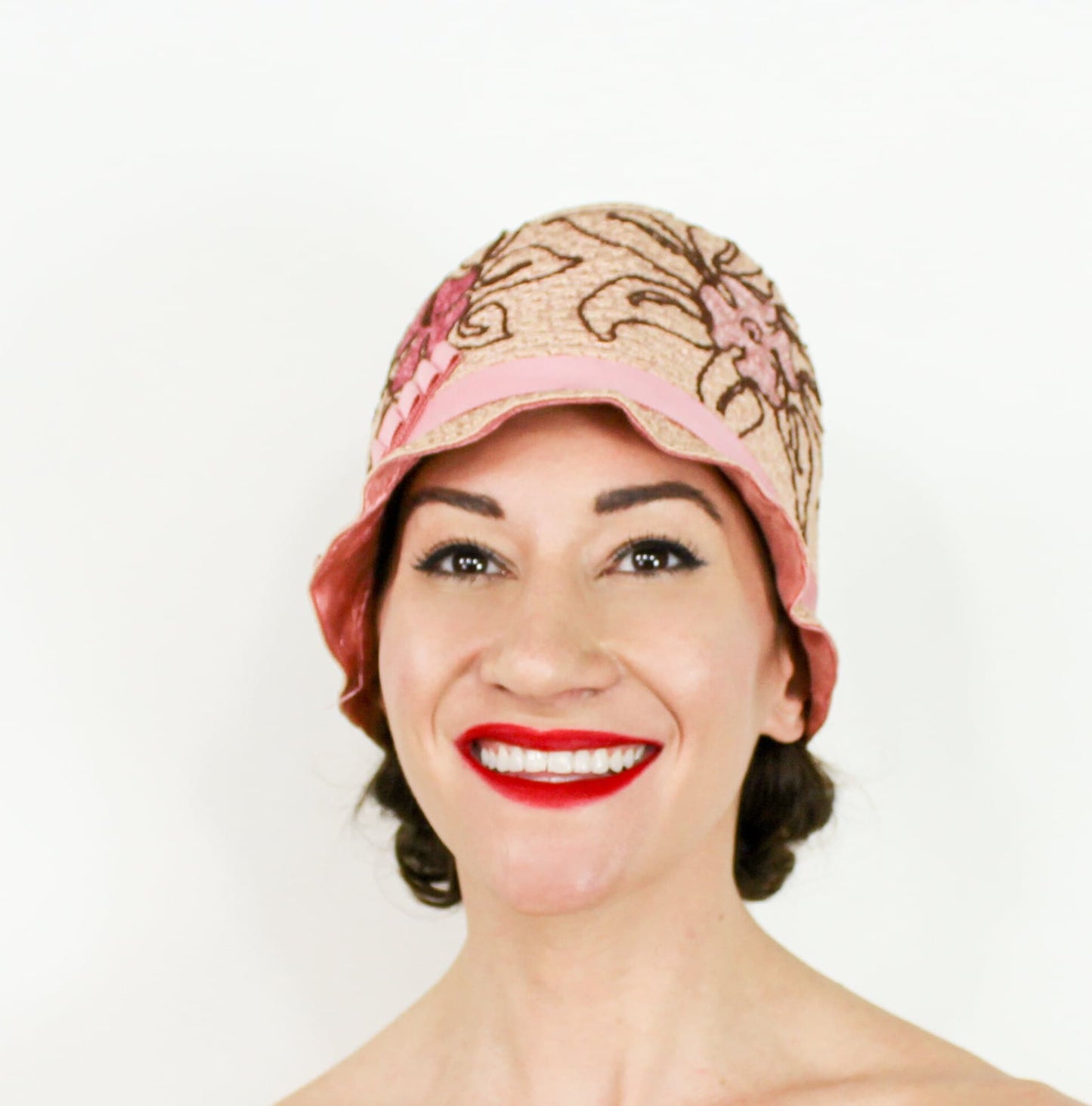 1920s Style Cloche Hat, Pink Floral Embroidered Flapper Hat, Downton Abbey Era