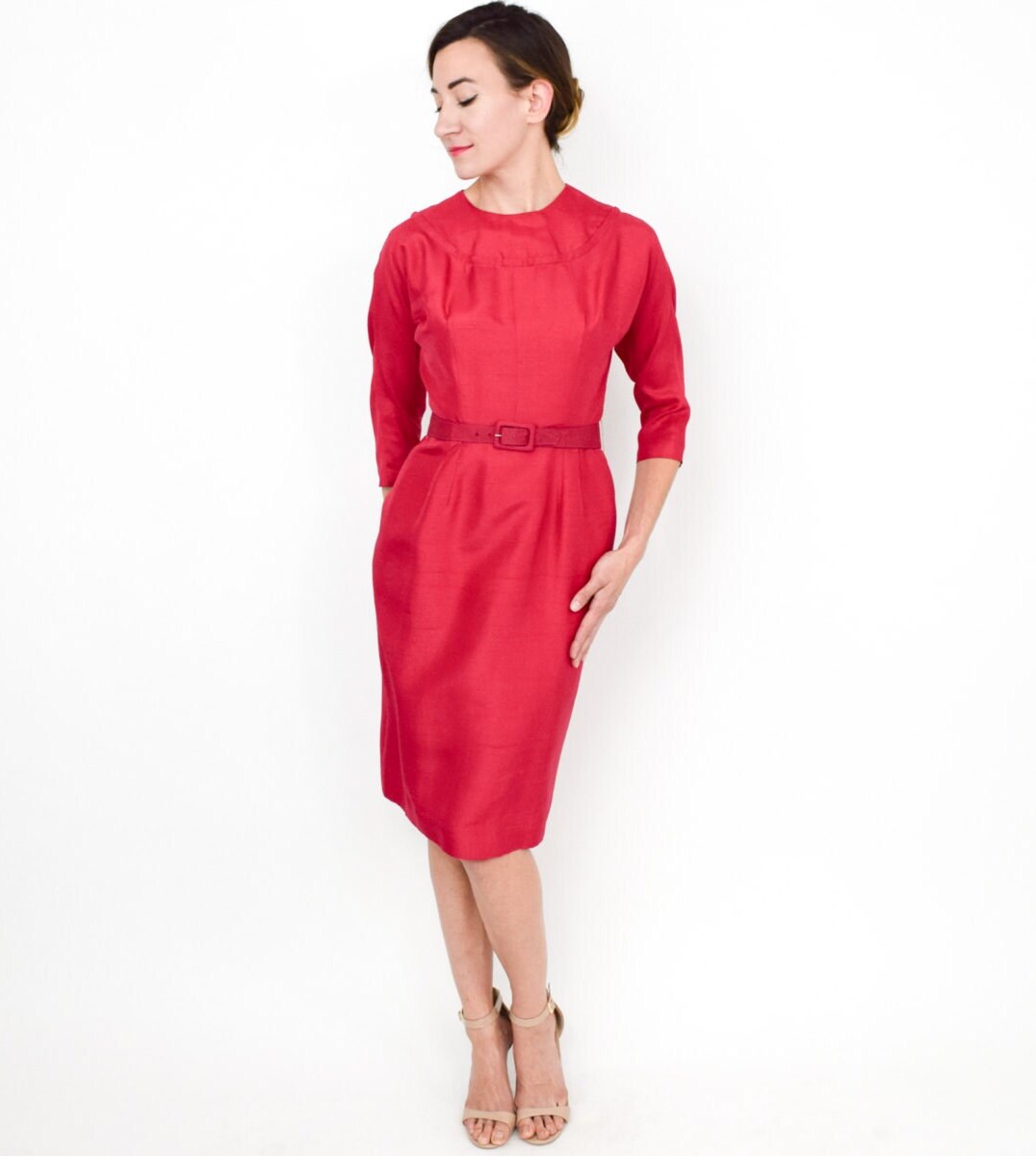 1950s Pink Silk Cocktail Dress with Convertible Collar, Extra Small