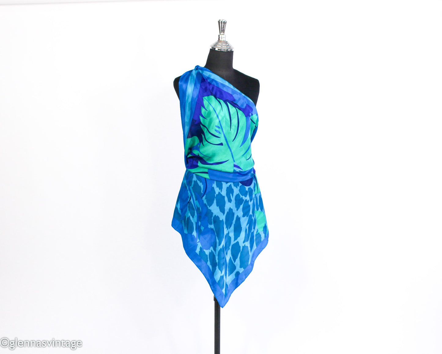 1980s Turquoise Blue Print Silk Scarf