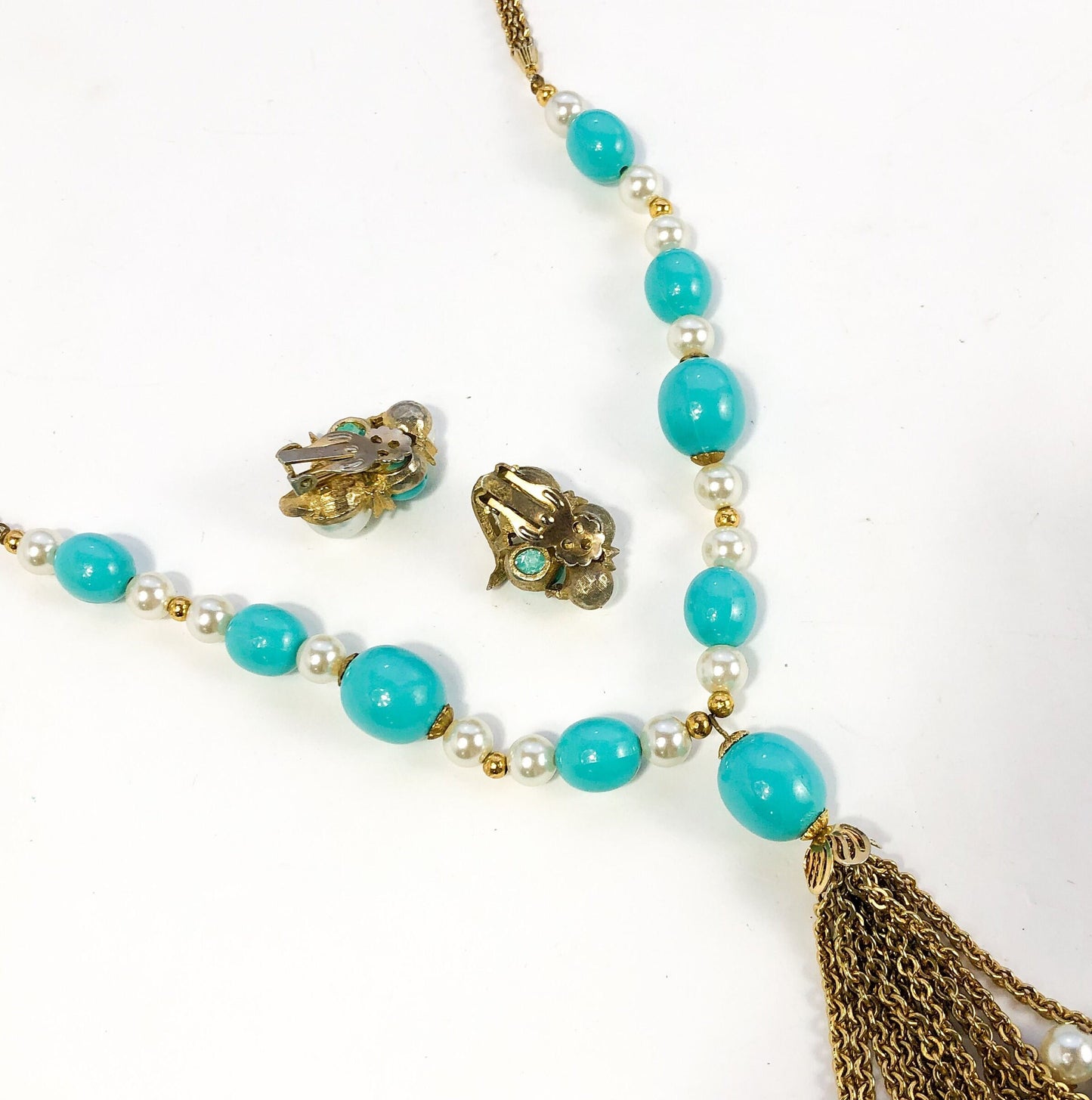 1960s Turquoise and Faux Pearl Necklace Set | Gold Pendant and Clip Earrings