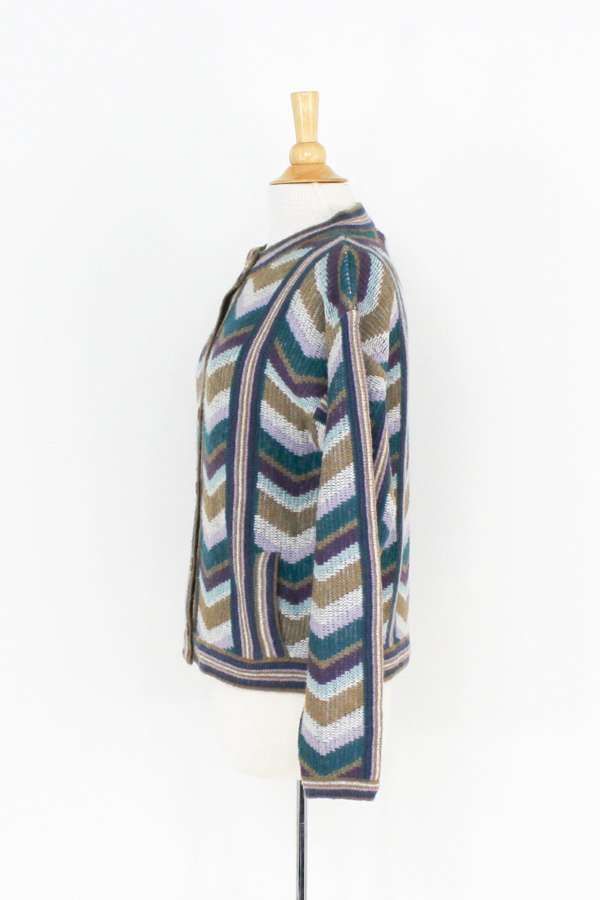 1960s Brown & Blue Chevron Cardigan Sweater, Medium