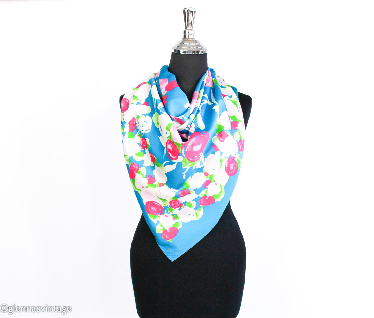 1980s Blue Floral Pattern Scarf