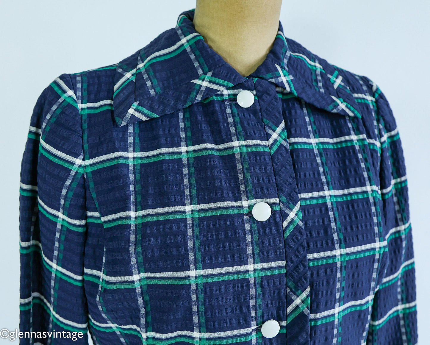 1960s Blue Plaid Dress & Jacket | Navy Seersucker Set, Large