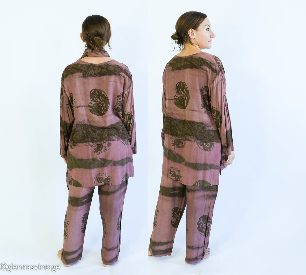 1980s Brown Print Slacks Blouse & Scarf Set | Vintage Brown Rayon Pants Set | Anthony Mark Hankins | Large