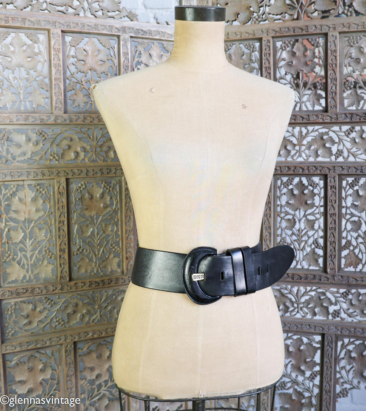 1980s Black Wide Leather Belt, DKNY, Medium