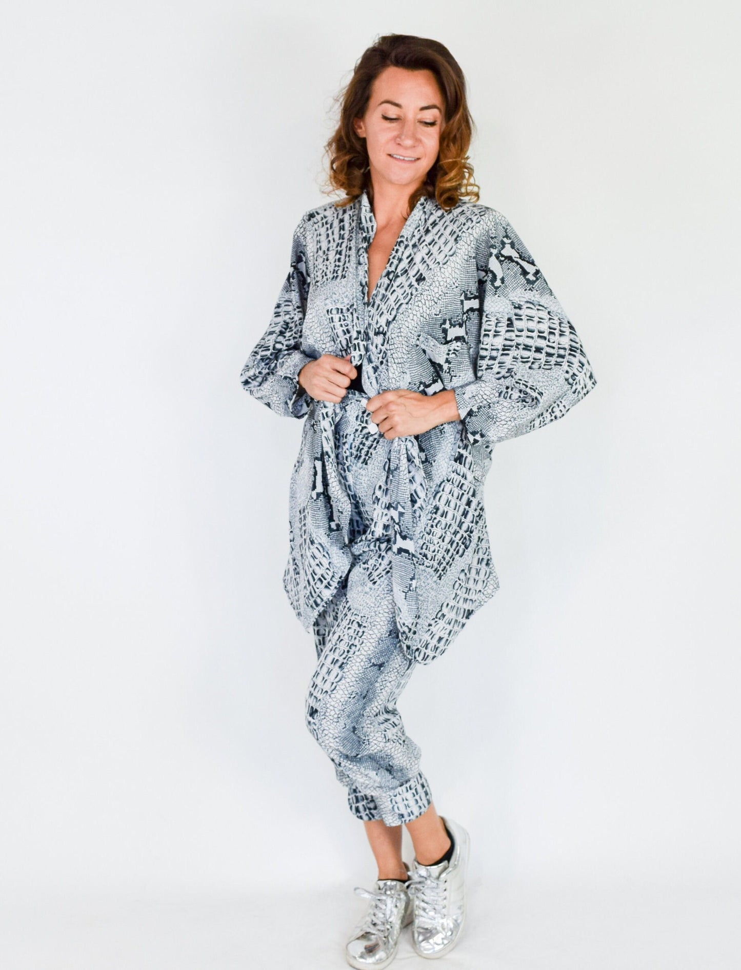 1980s Grey Reptile Print Pant Suit, Gray Jacket & Pants Set, Medium