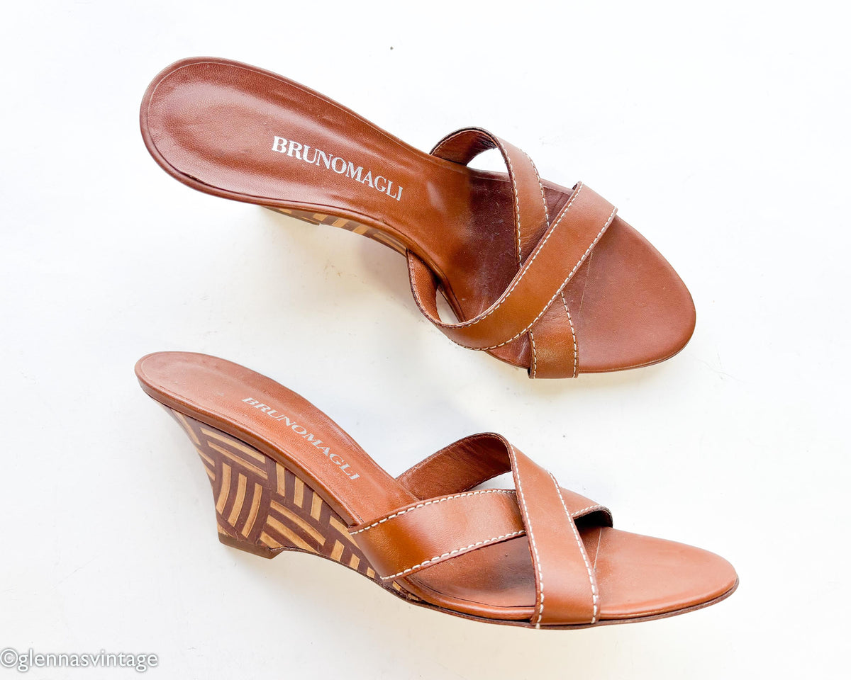 1990s Brown Leather Wedge Sandal Heels, Bruno Magli, US 6, EU 36.5