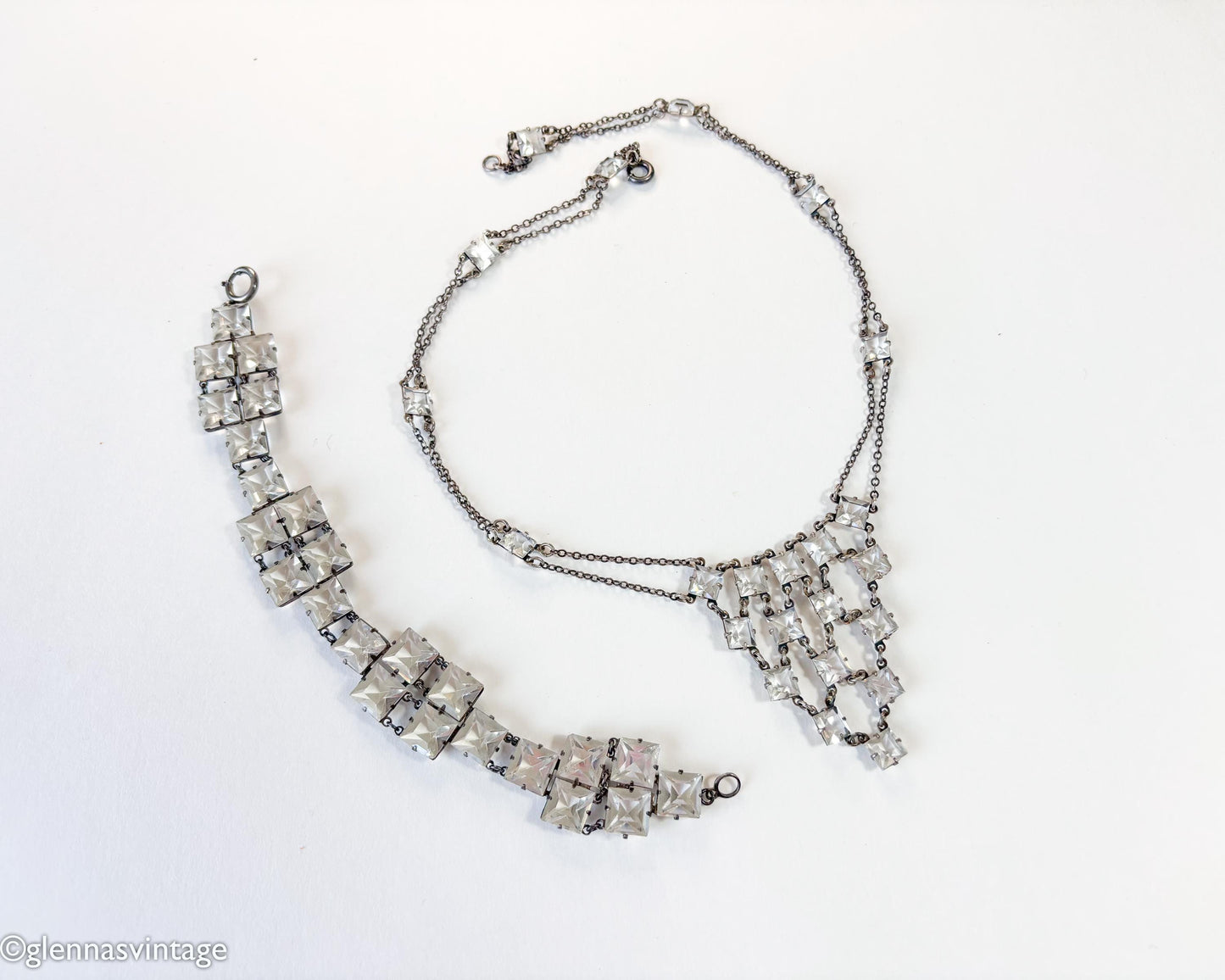 1930s Vintage Art Deco Crystal Bracelet or Necklace, Sterling Silver Setting