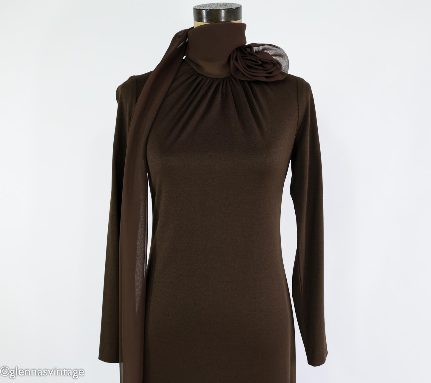 1970s Brown Maxi Dress | Chiffon Collar Evening Gown, Medium