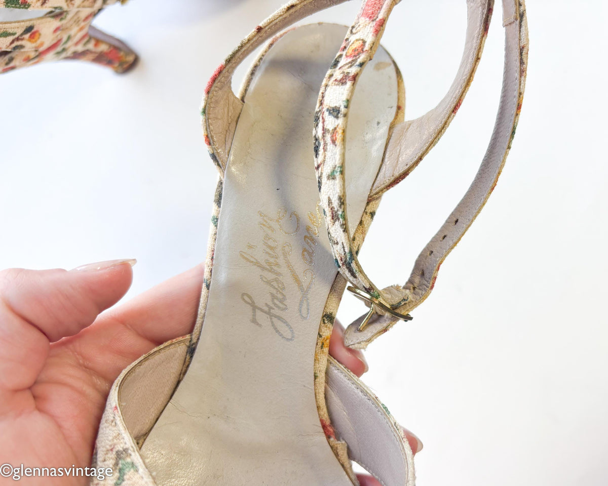 1950s Colorful Floral Design Heels | Beige Print Ankle Strap Heels