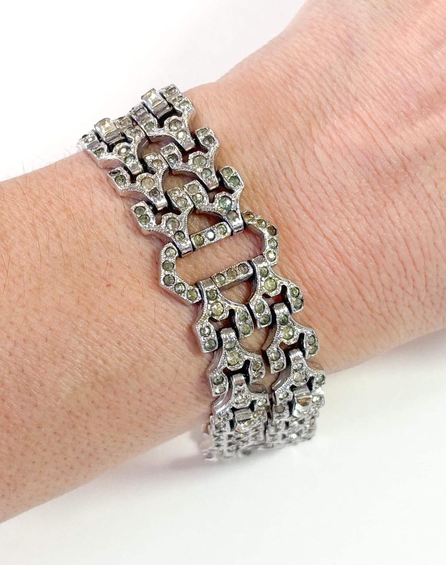 1930s Art Deco Rhinestone Bracelet, Geometric Silver Link Bracelet
