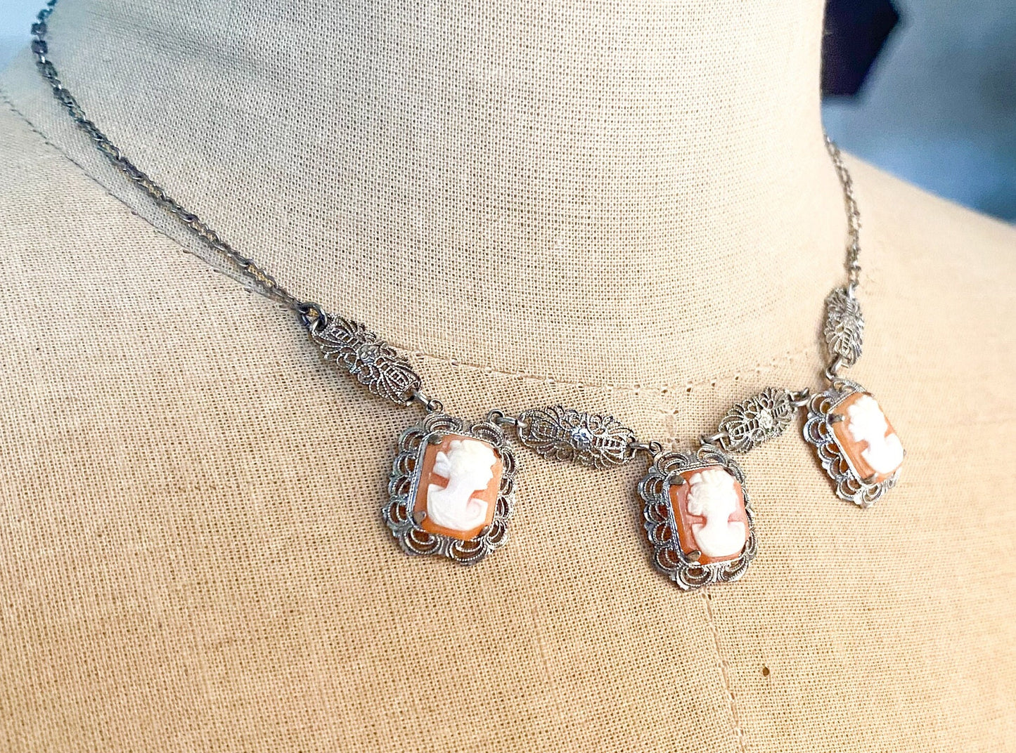 1920s Sterling Silver Cameo Necklace, Filigree Shell Cameos