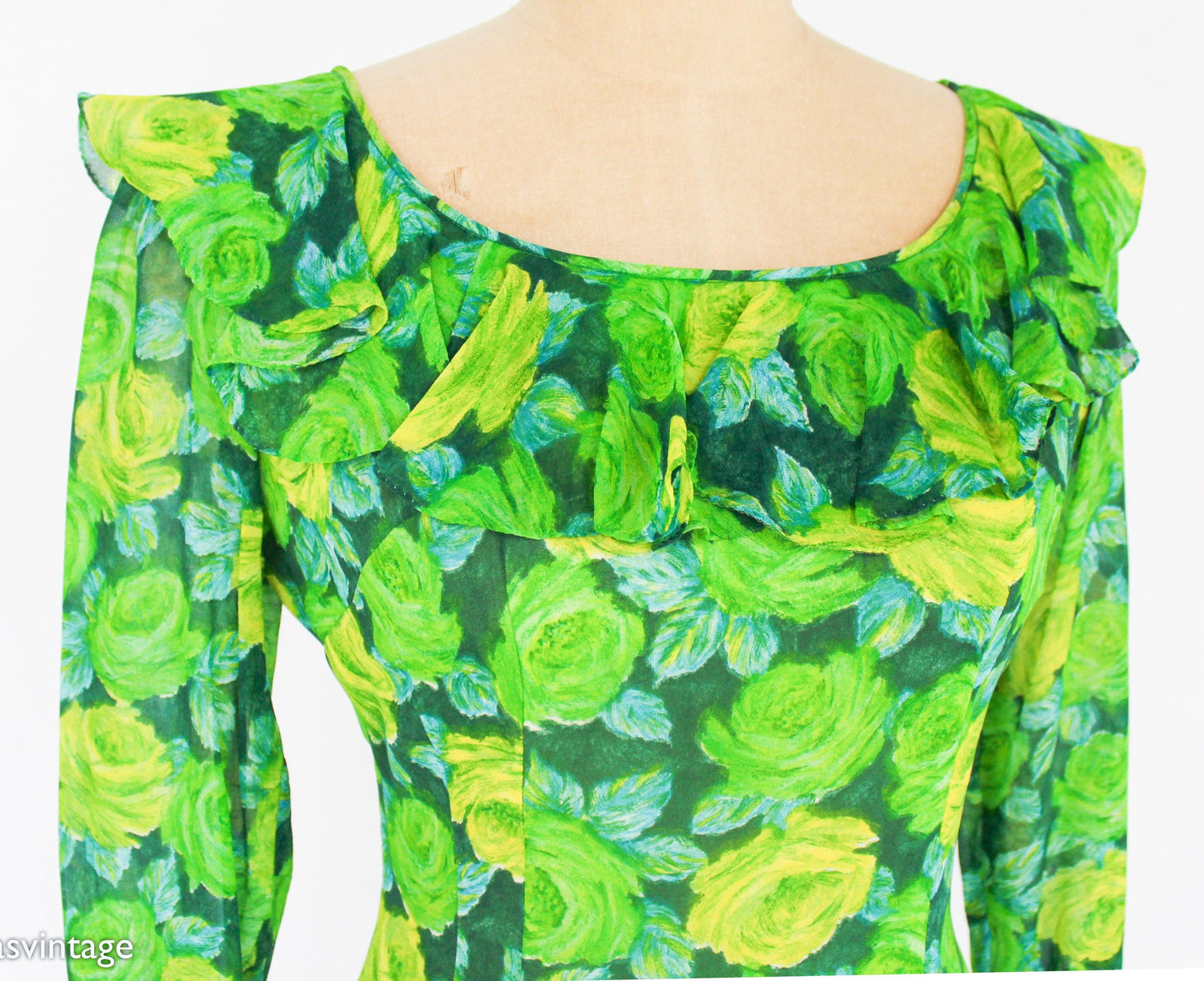 1950s Lime Green Rose Print Chiffon Dress by Elinor Gay, Medium