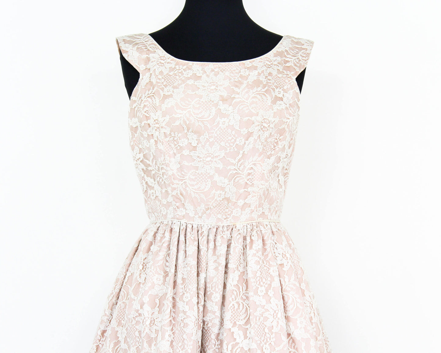 1950s Beige Lace & Brown Satin Party Dress, Medium