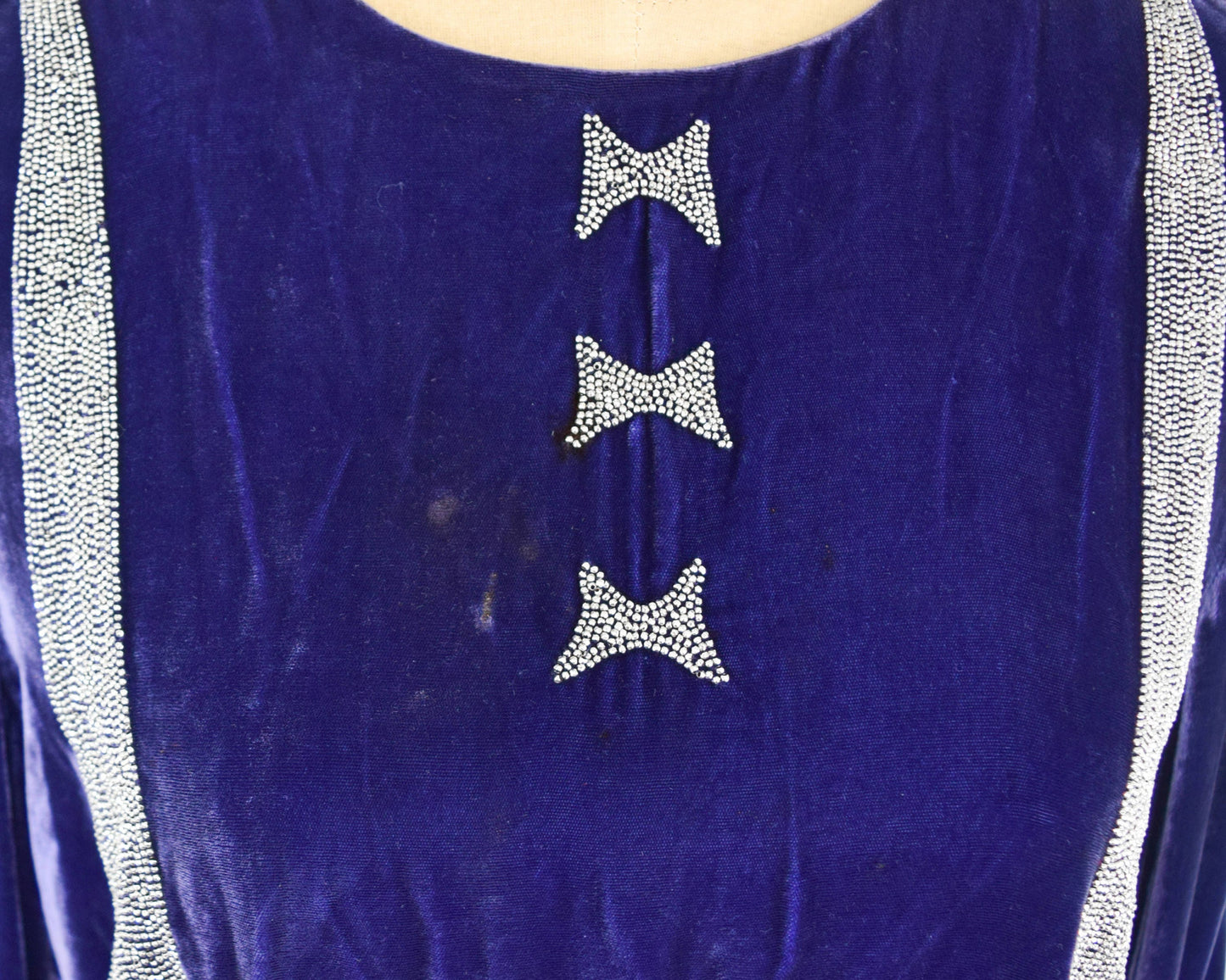 1900s Purple Silk Velvet Gown, Beaded Evening Dress, Medium Large
