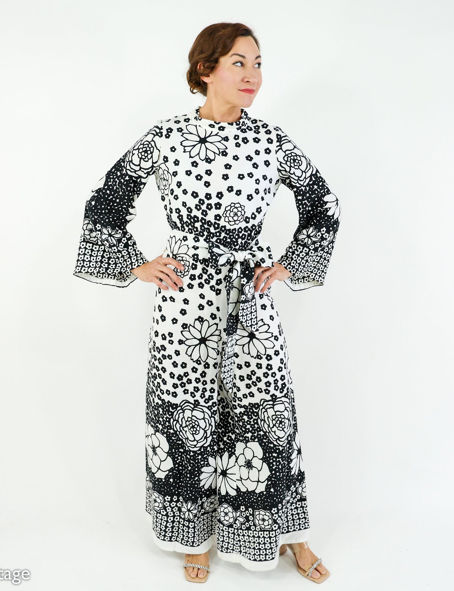 1970s Black & White Floral Print Jumpsuit with Wide Legs, Medium