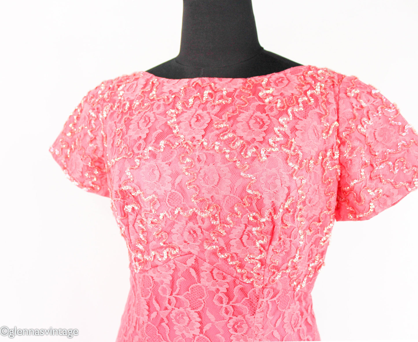 1950s Pink Lace & Sequin Formal Evening Dress, Medium