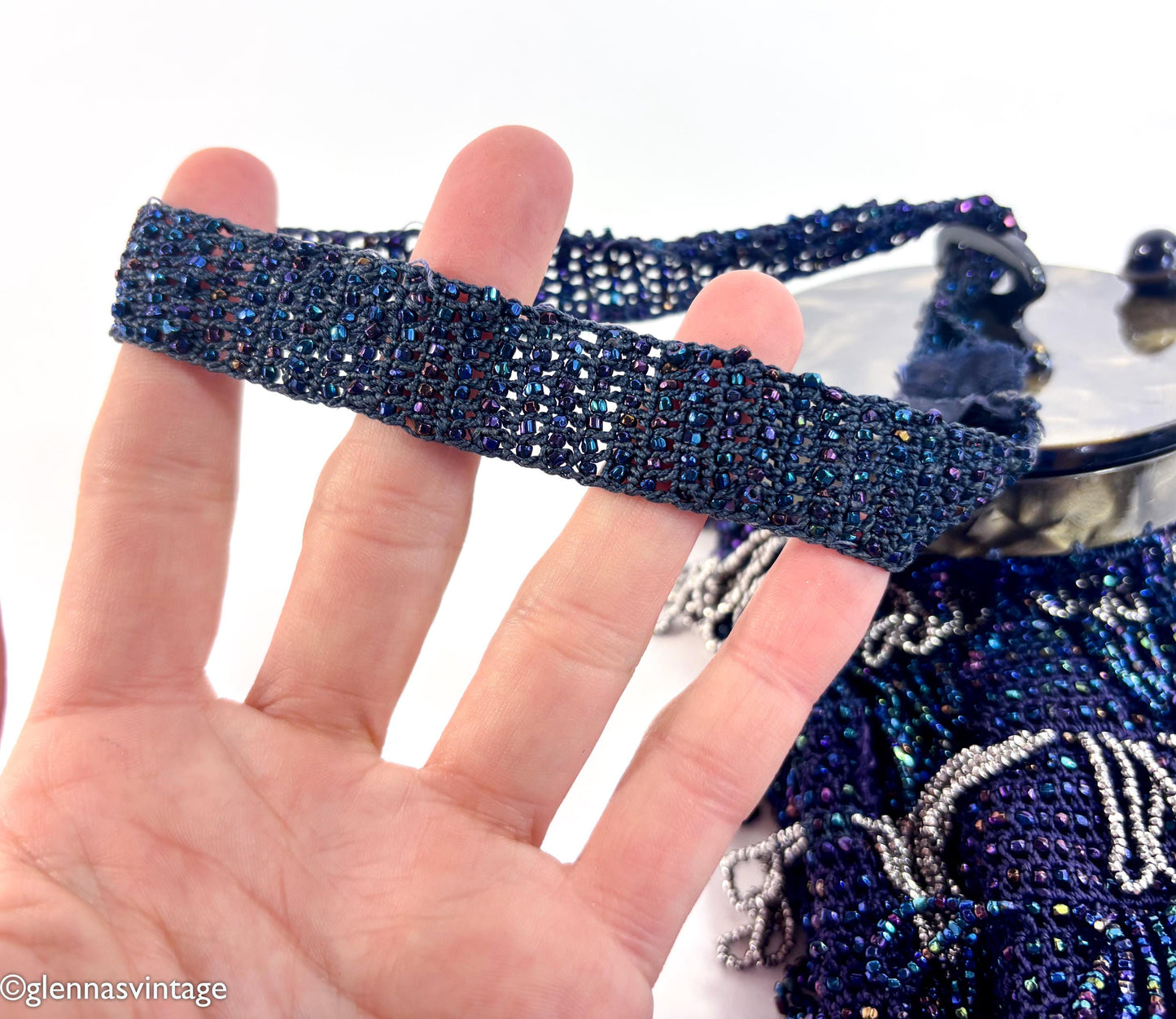 1900s Navy Beaded Pouch Evening Bag with Lucite Lid
