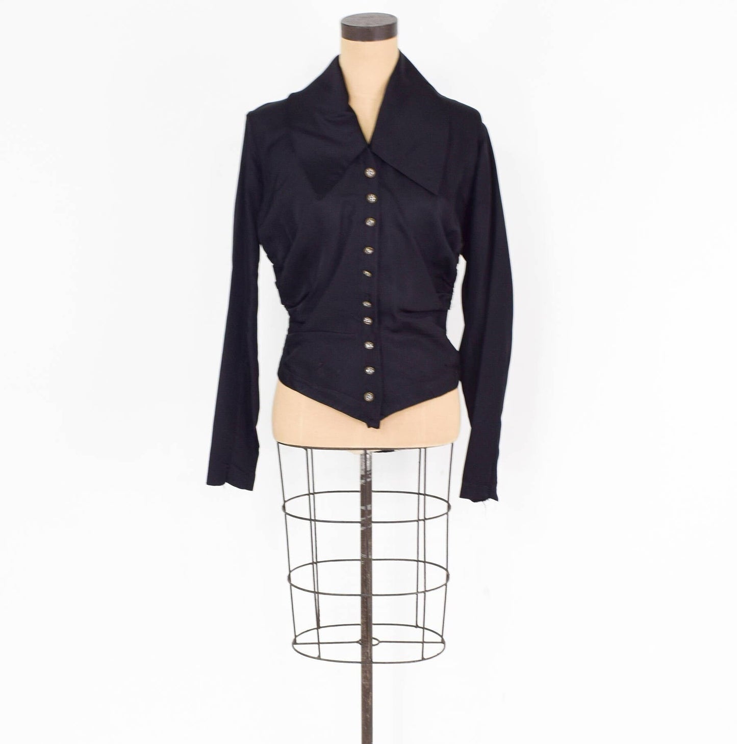 1800s Black Silk Blouse, Victorian Overblouse, Size Medium