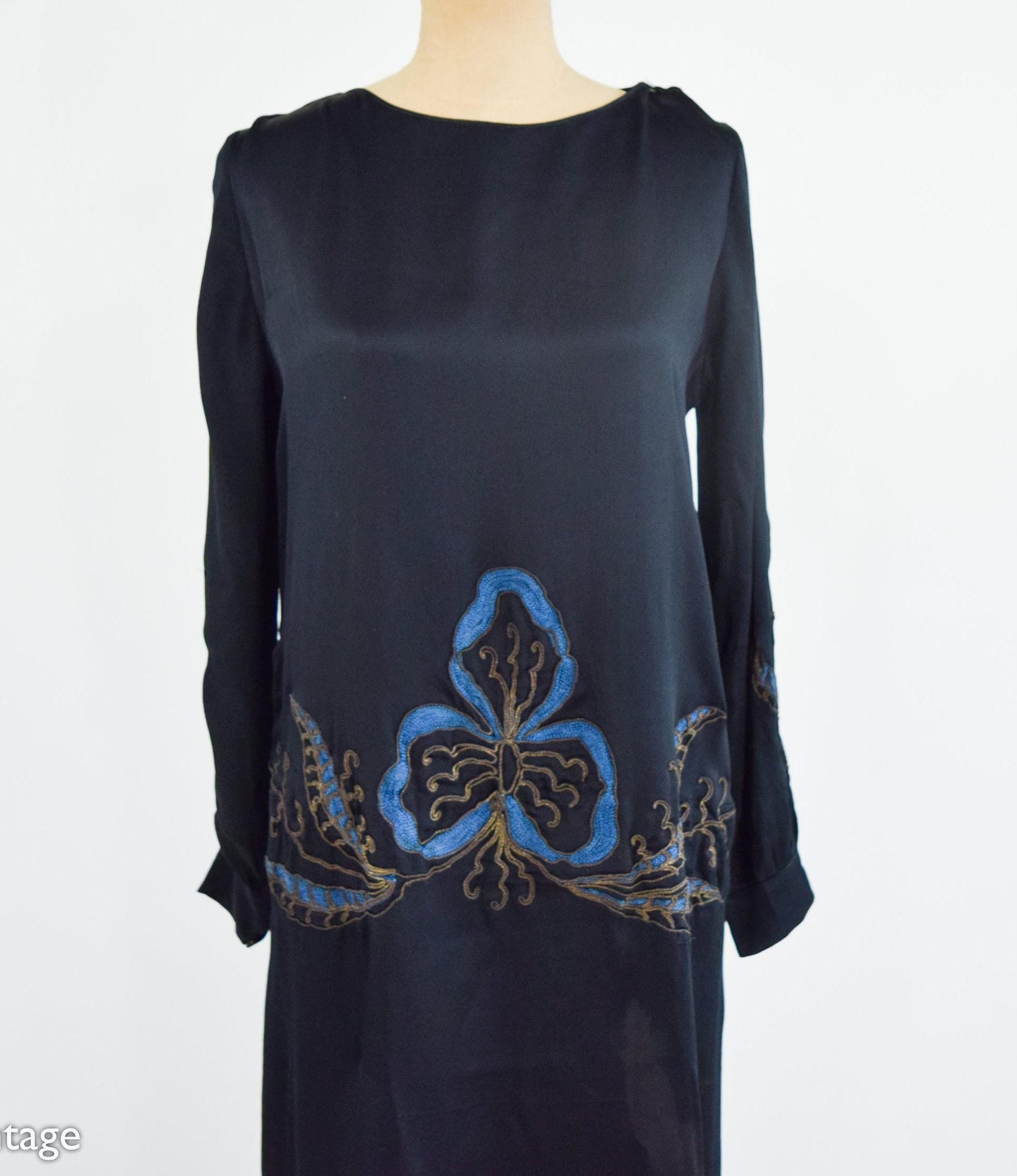 1920s Art Deco Black Silk Dress | Embroidered Drop Waist, Medium