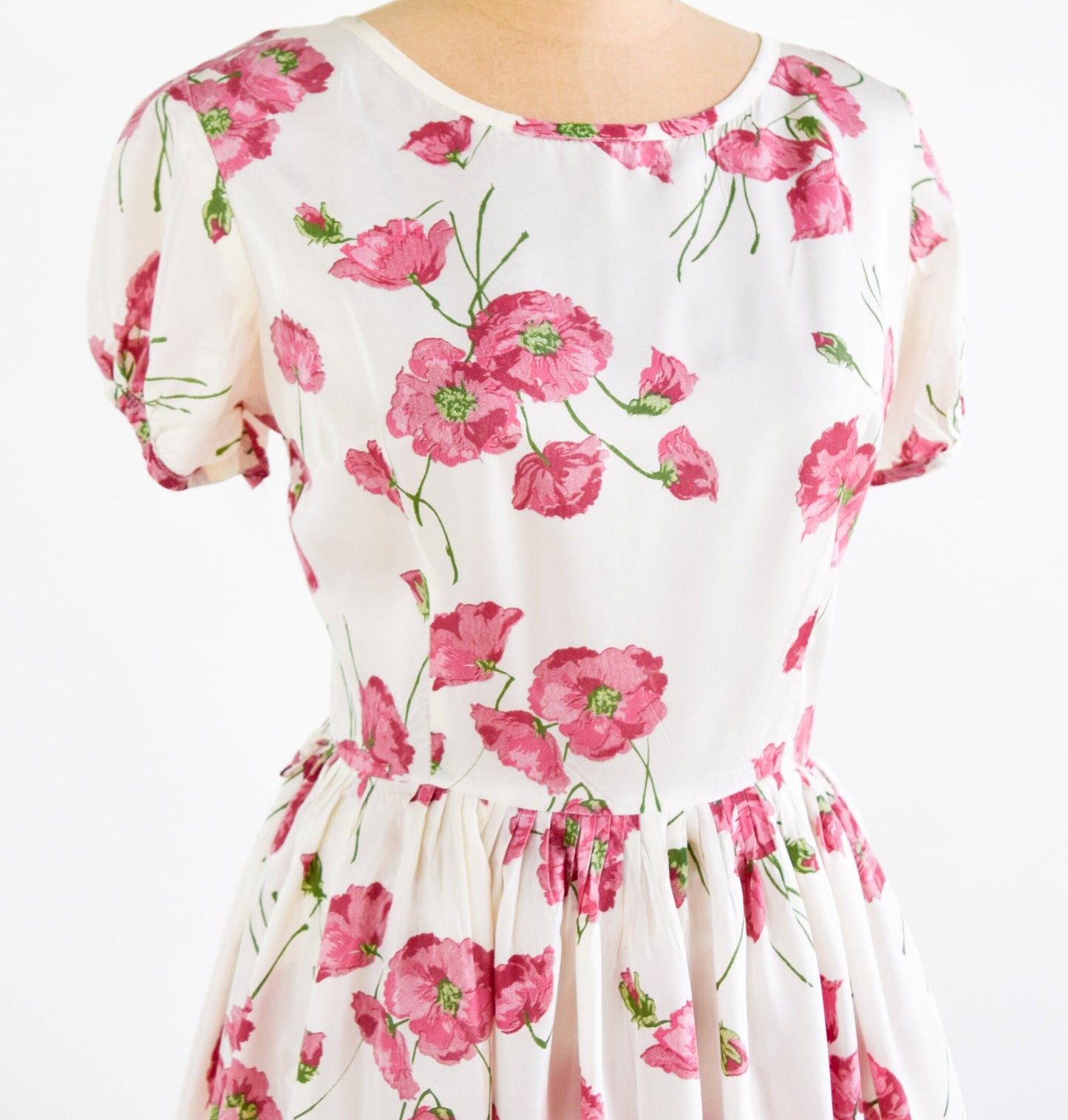 1950s Pink Floral Print Day Dress, Medium