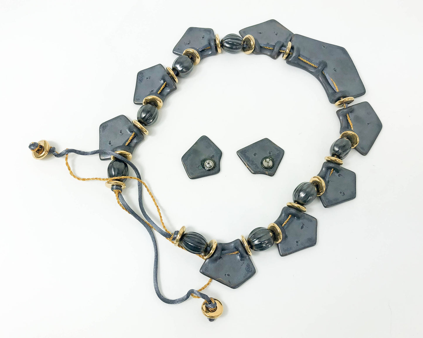 1980s Gray Ceramic Necklace & Earrings Set