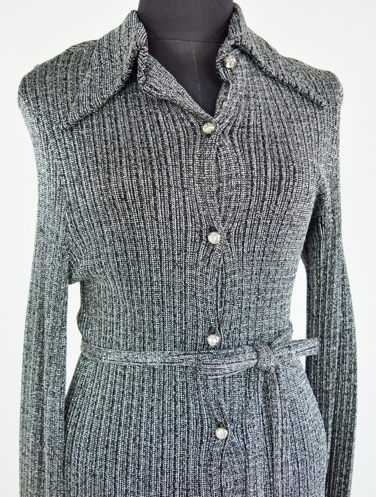 1970s Vintage Silver Knit Maxi Dress | Rhinestone Button, Tie Waist, Small