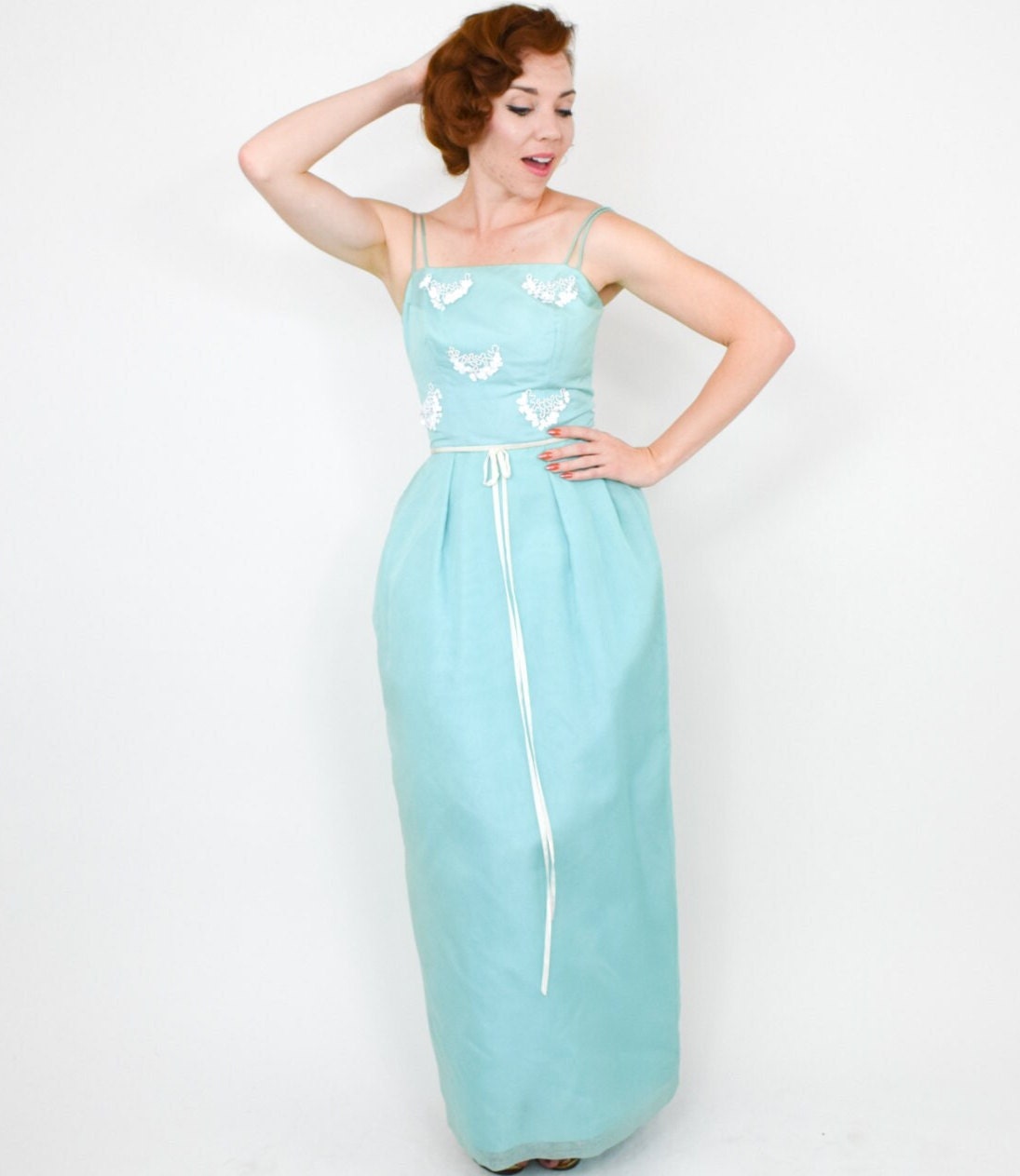1950s Turquoise Blue Column Dress, Extra Small