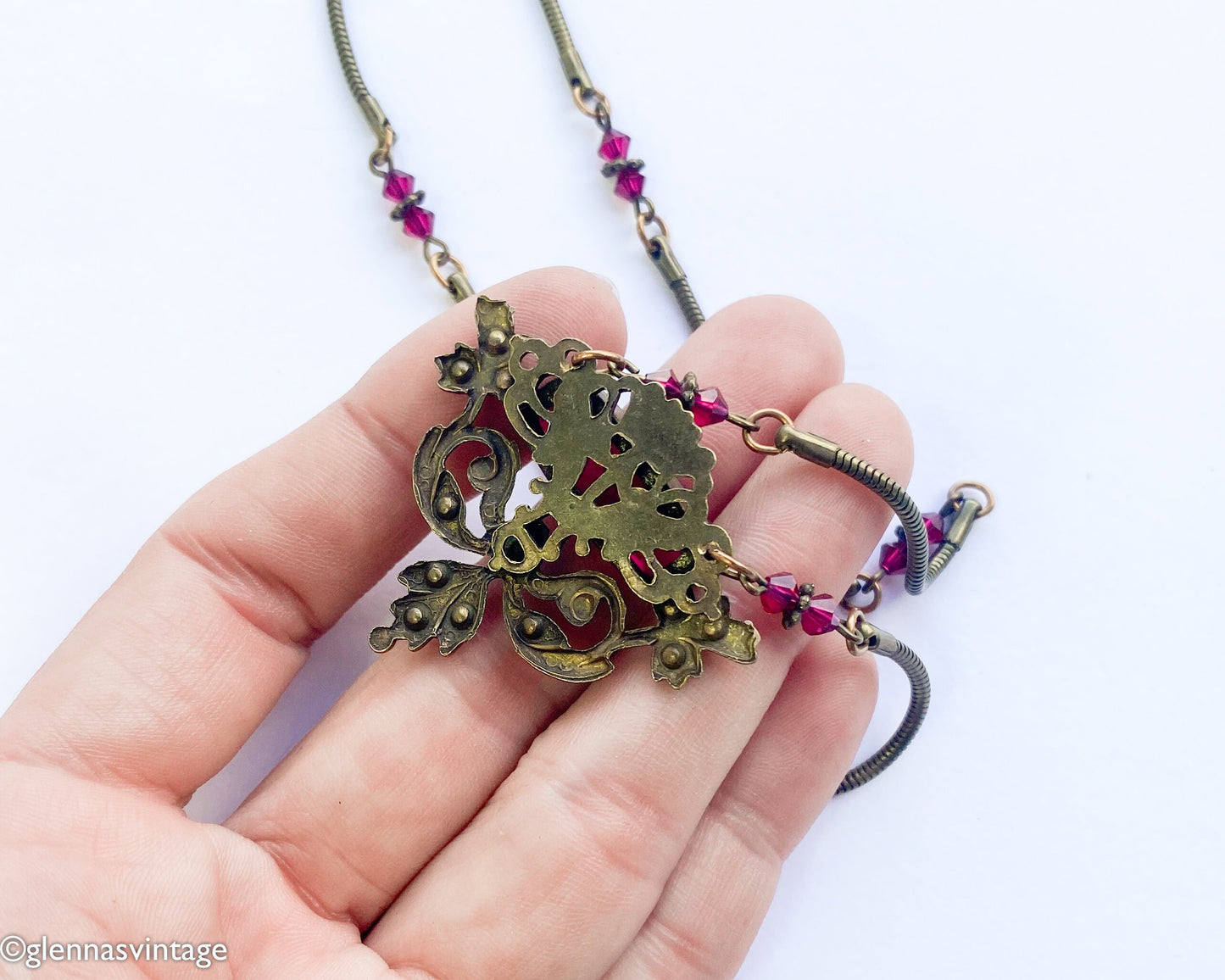 1940s Red Glass Pendant Necklace | Bronze Coil Chain