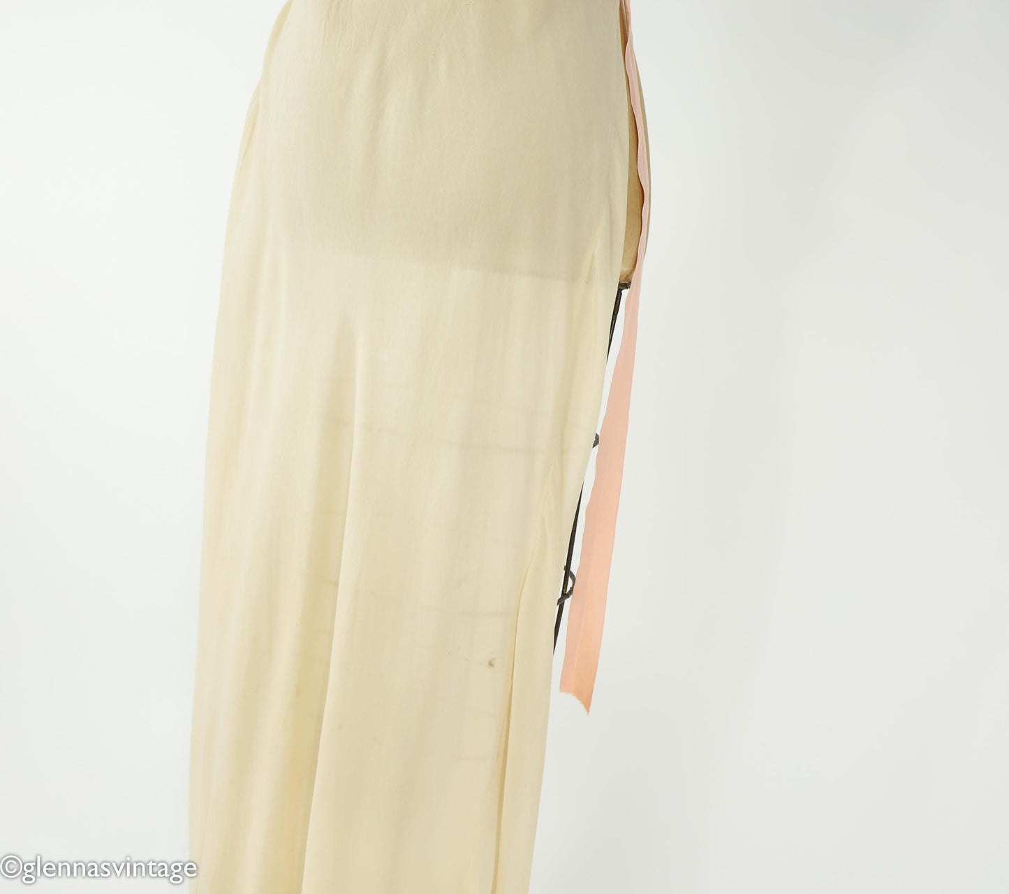 1930s Ivory Silk Chiffon Peignoir Set, Vintage Lace Nightgown, Small