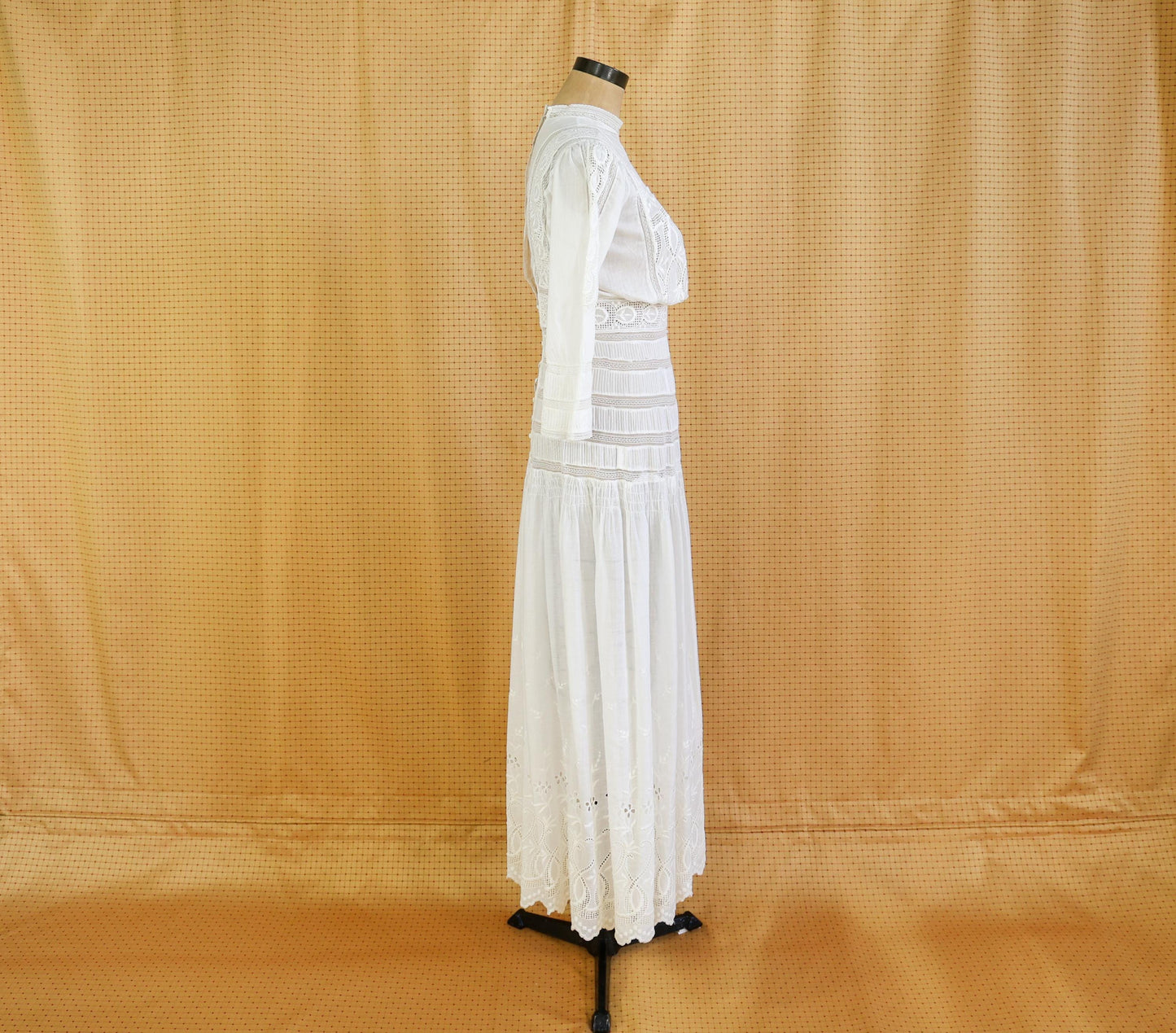 1880s Edwardian Lace Cotton Gown, Antique Walking Dress, Small