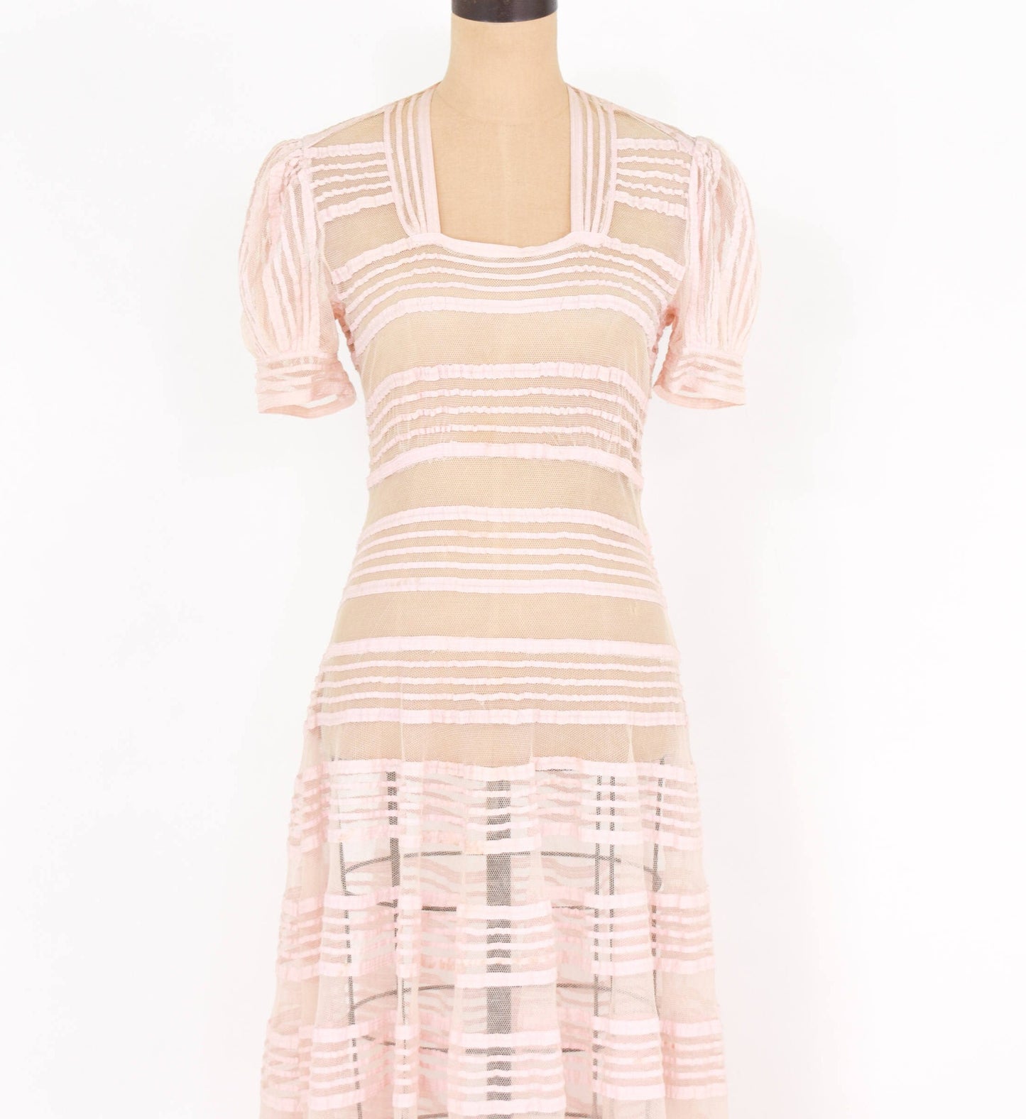 1930s Pink Striped Tulle Evening Gown, Medium