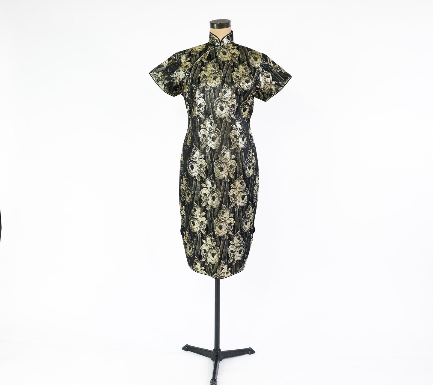 1950s Black Gold Metallic Brocade Cheongsam Dress and Matching Jacket, Large