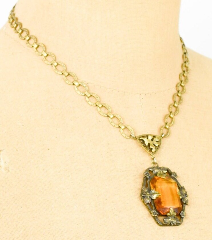 1930s Topaz Glass Filigree Pendant Necklace