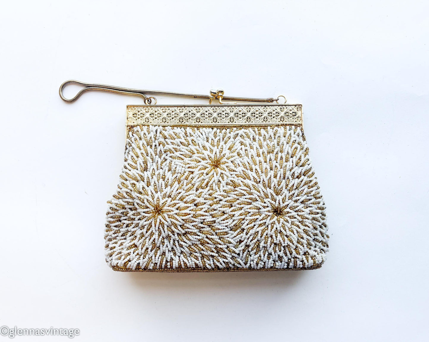 1950s White Gold Beaded Evening Bag