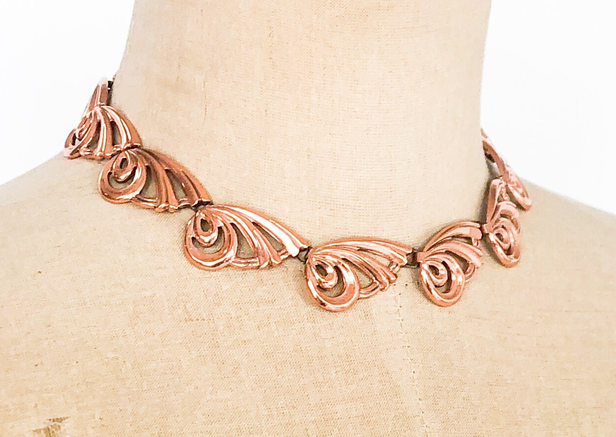 1950s Copper Swirl Necklace & Earring Set, Renoir Jewelry Hat