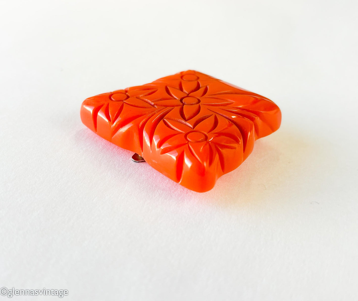 Vintage 1930s Orange Bakelite Dress Clip | Carved Floral Plastic Clip