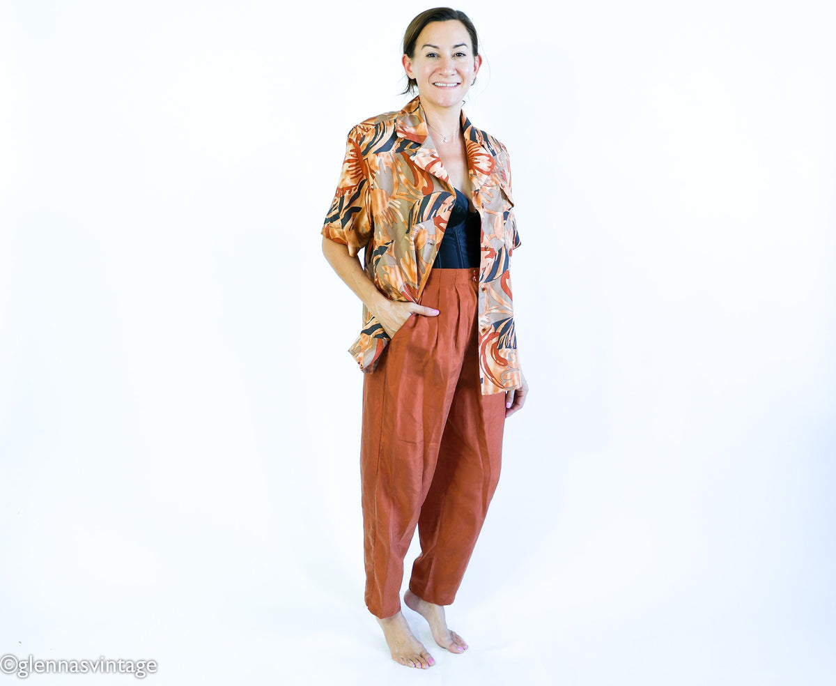 1980s Brown Tropical Print Silk Top Pant Set, Medium