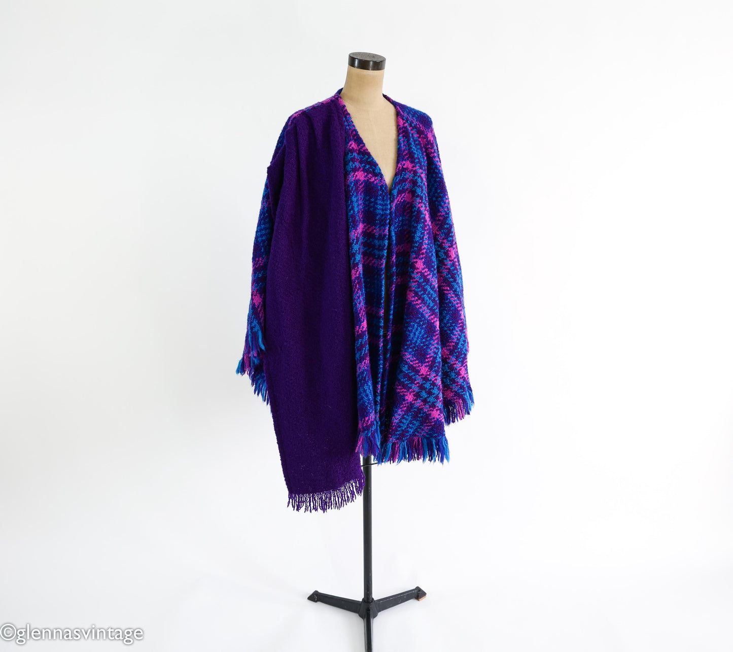 1980s Purple Blue Plaid Cape Irish Wool Cape, One Size