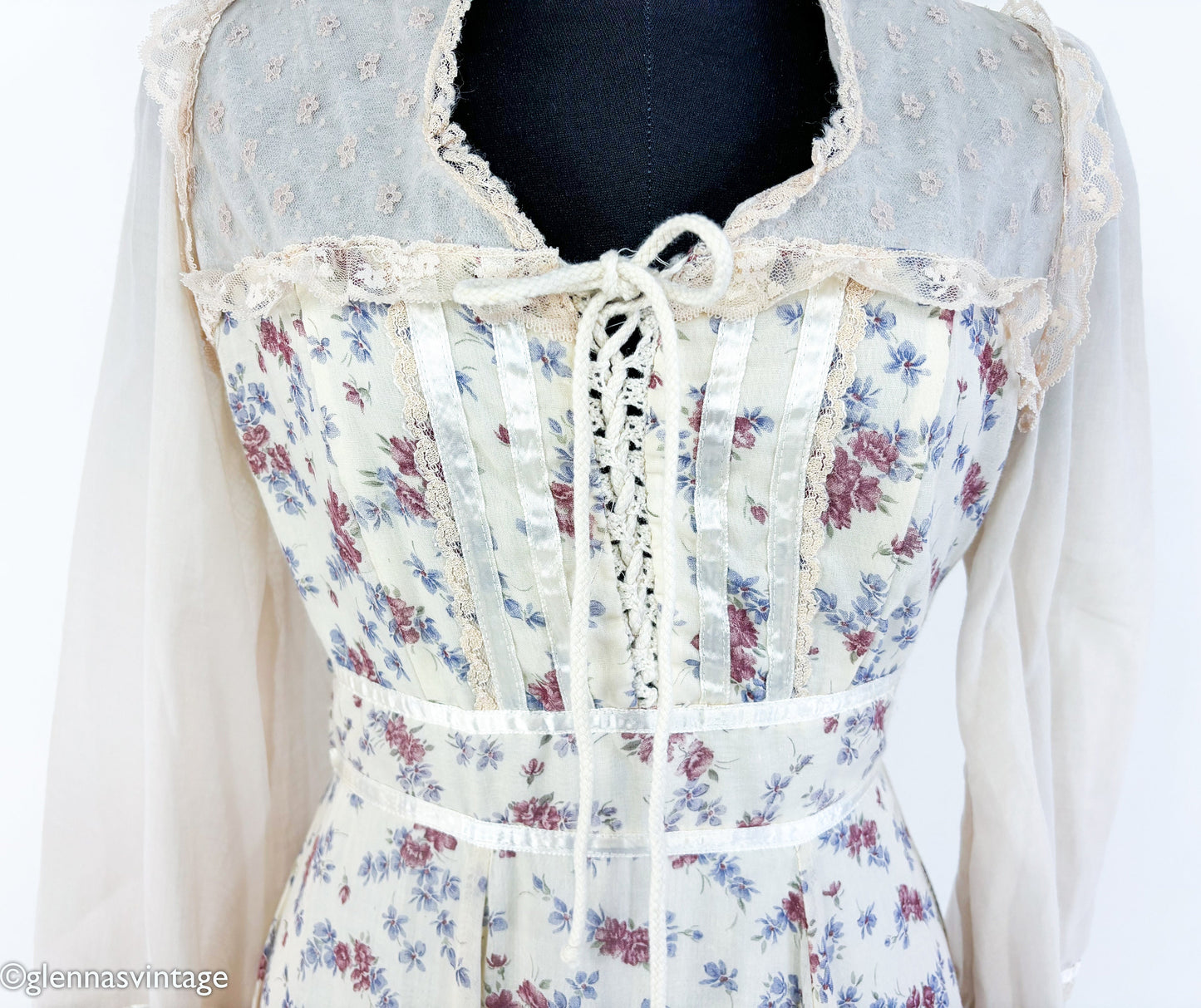 1970s Beige Gunne Sax Floral Maxi Dress, XS
