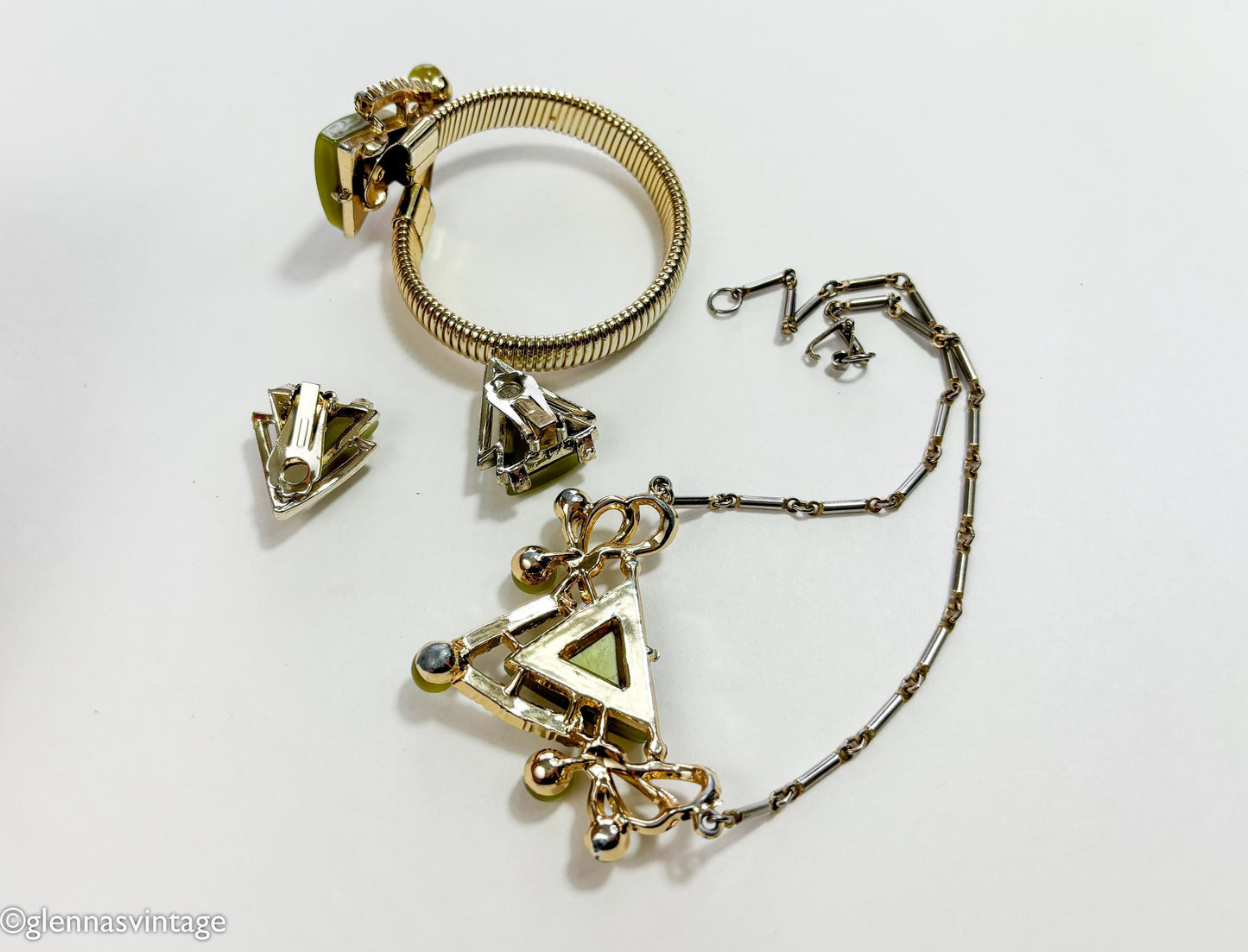 1960s Olive Green Thermoplastic Jewelry Set, Necklace Bracelet & Earrings