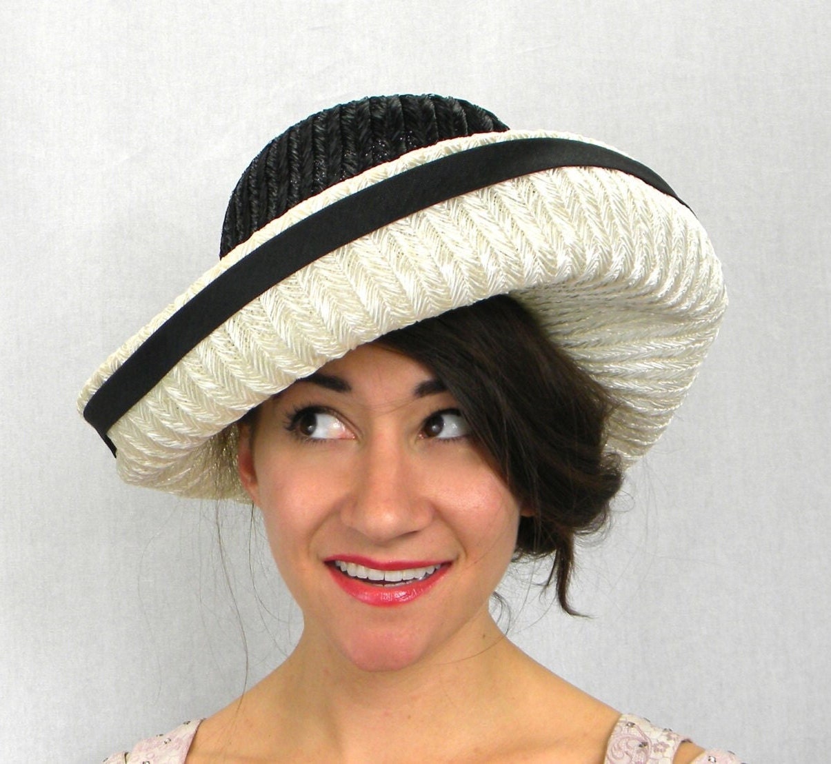 1960s Black White Raffia Wide Brim Hat
